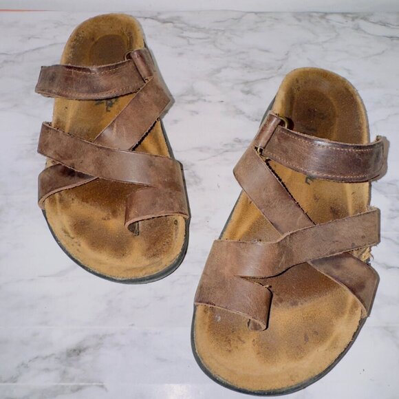 Naot Women's Brown Leather Strappy Toe Loop Slip On Slide Sandals size EUR 35 - Picture 1 of 9